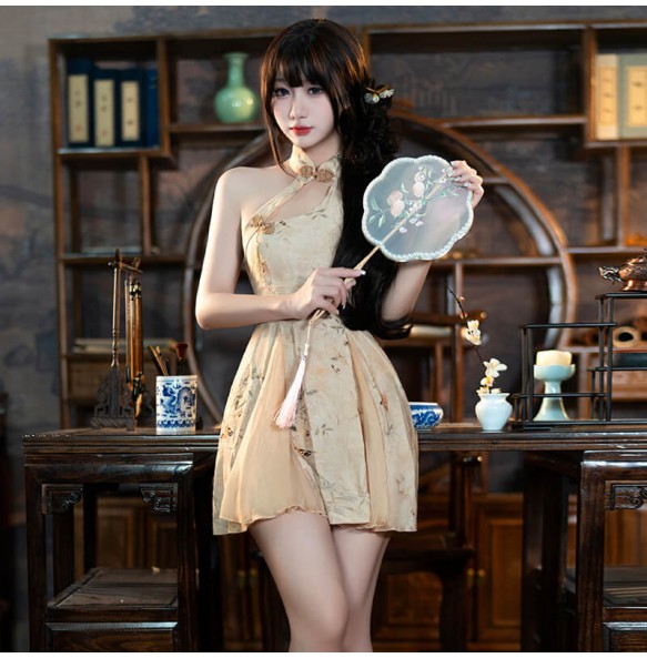 FEE ET MOI - Sexy New Chinese A-Line Printed Cheongsam Dress (Yellow)